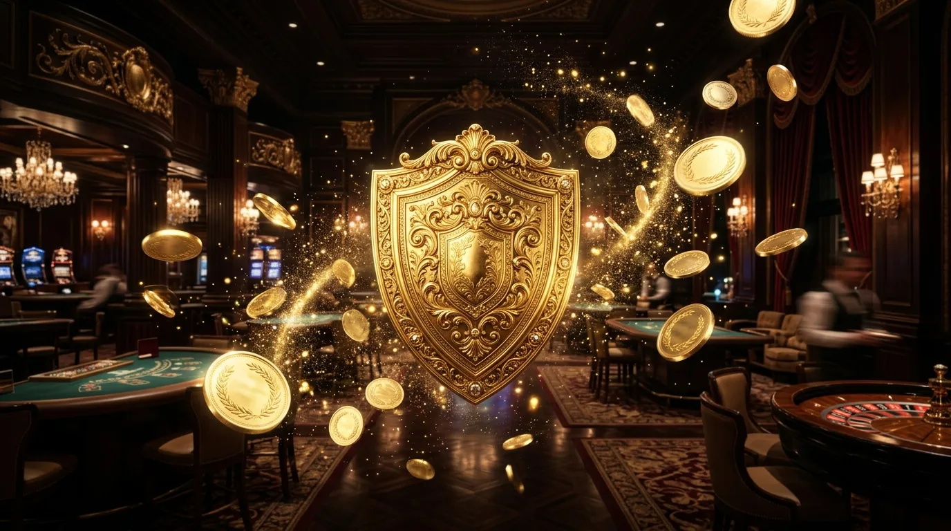 Treasure shield with floating gold coins